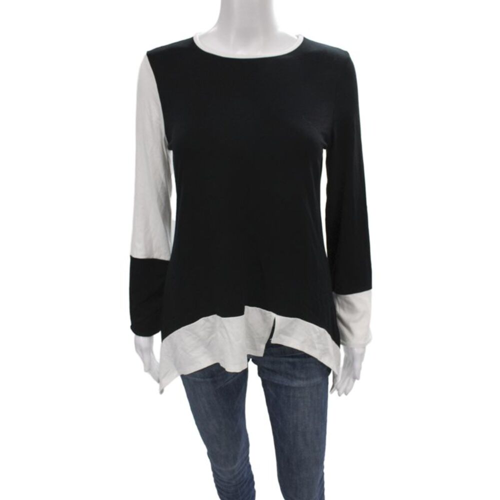 Lisa Bayne Women Colorblock Black Tunic T-Shirt Round Neck Long Sleeve Size XS